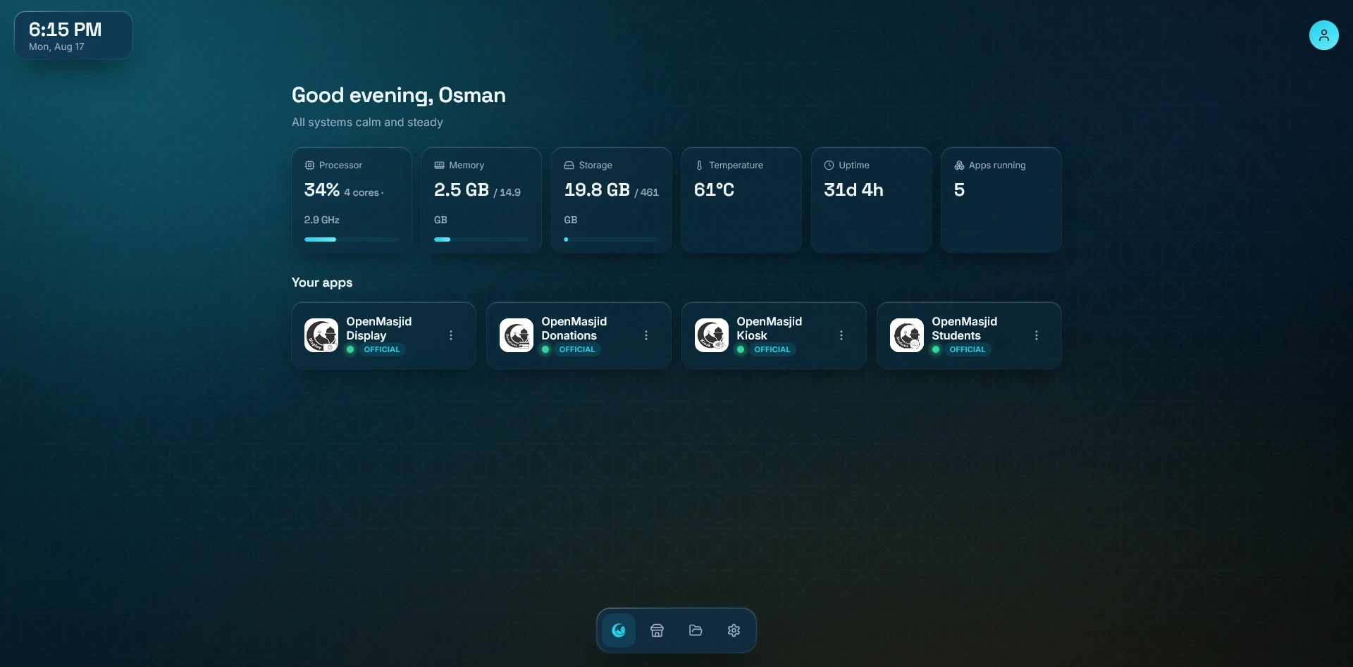 The OpenMasjidOS dashboard: a row of live cards showing processor, memory, storage, temperature, uptime and the number of apps running, above a grid of installed apps — Display, Donations, Kiosk and Students.