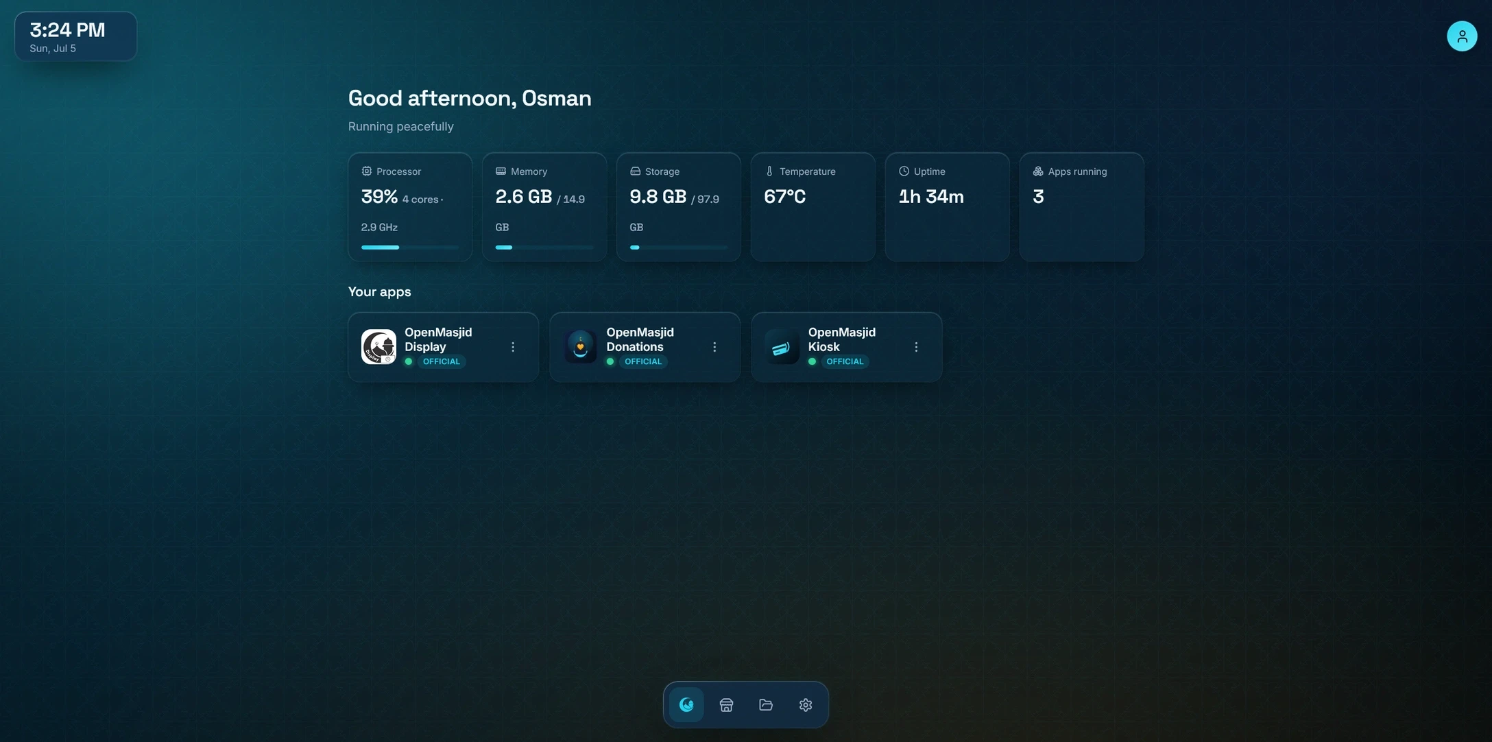 The OpenMasjidOS dashboard: a row of live cards showing processor, memory, storage, temperature, uptime and the number of apps running, above a grid of installed apps — Display, Donations and Kiosk.