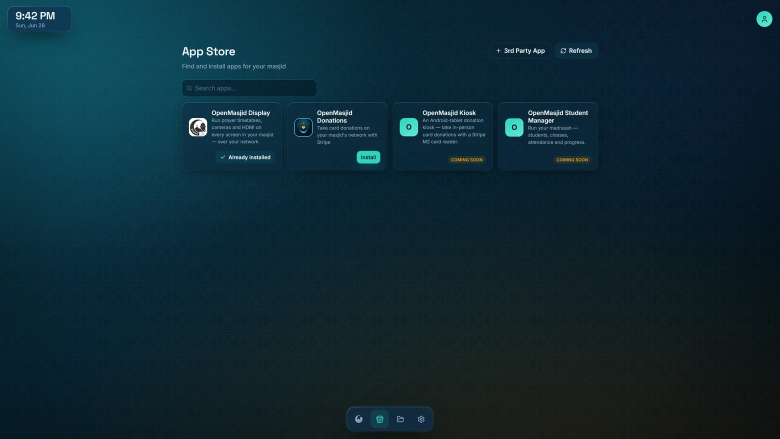 The OpenMasjidOS App Store, showing app cards for Display, Donations, Kiosk and Students with an Install button on each.